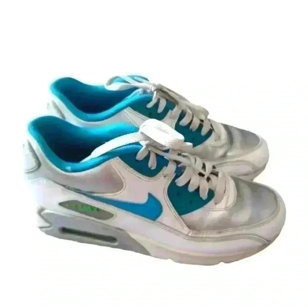 Nike Youth Air Max 90 Leather GS 'Silver Blue Lagoon' Shoe 6Y 7.5 Women